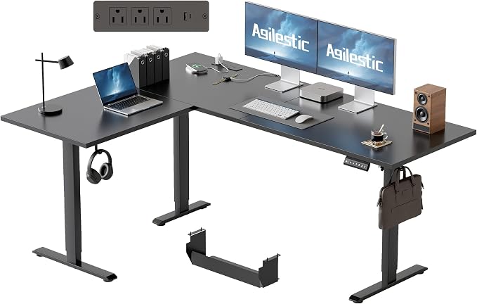 Agilestic 63 x 48 Inch L Shaped Standing Desk with Powerstrip, Black | Outlets, Cable Management, Corner Desk, Ample Workspace, Memory Presets, Hooks, Stable Steel Frame,176 lbs, Splice Board