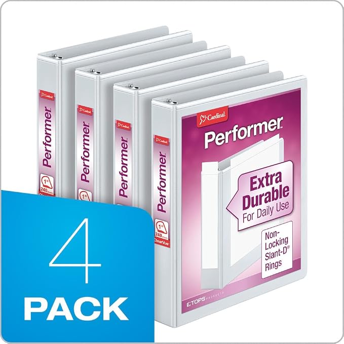 Cardinal Performer 3-Ring Binders, 1", Non-Locking Slant-D Rings, 240-Sheet Capacity, ClearVue Presentation, Non-Stick, PVC-Free, White, 4-Pack (27200)