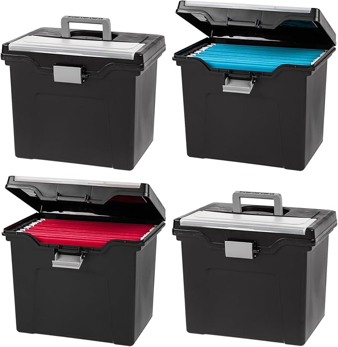 IRIS USA File Box Organizer with Lid, Letter File, 4-Pack, Black | Carry letter size files, documents and paperwork with a portable handle and secure lid for organized storage on the go