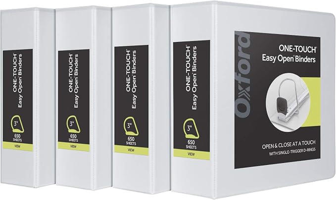 Oxford 3 Ring Binders, Binders for School and Office, 3 Inch ONE-Touch Easy Open D Rings, 3-Sided View Binder Covers, Xtralife Hinge, Non-Stick, PVC-Free, White, 650-Sheet Capacity, 4 Pack (79915)