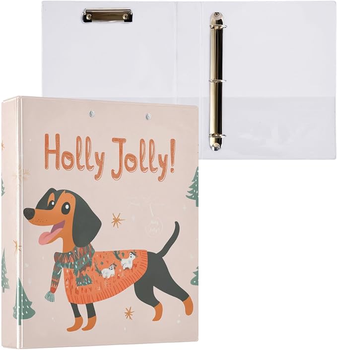 Happy Holly Jolly Dachshund Dog 3 Ring Binder 1.5" Decorative D-Ring Binder with Clipboard&3 Clear Pockets, Holds 200 Sheets A4 Size Paper Waterproof Binders for School Home Office|2 Pack