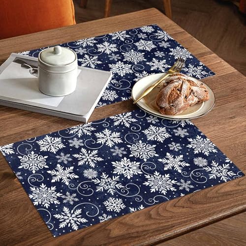 Christmas Placemats Set of 4, White Navy Snowflakes Pattern Heat Resistant Washable Table Place Mats Winter Cotton Table Linens Party Holiday Decor for Kitchen Dining Outdoor Indoor