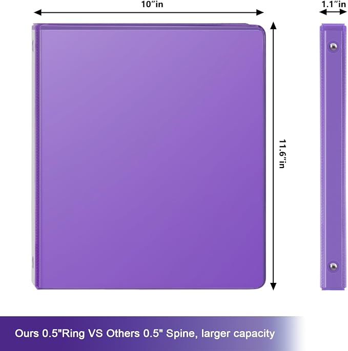 COMIX Sturdy 0.5 Inch 3 Ring Binder with Clear View Cover | 0.5"Heavy Duty Round Ring,PVC-Free Board,Holds 100 Letter Sheets,Wholesale for Offices & Classrooms,6 Pack (Purple)