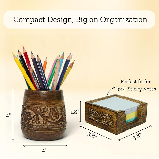 Mie Creations Set of 2 Pen, Sticky Note Holder for Office Desk Organizer | Rustic Wooden Desktop Accessories, Handmade Floral Pencil Stand & Post it Note Dispenser, Aesthetic Stationery Decor