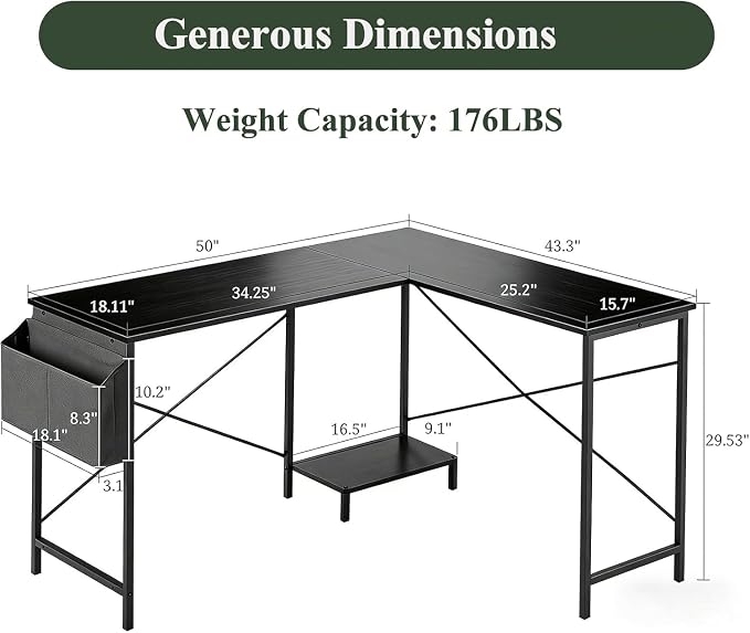 L Shaped Desk, 50 Inch Reversible Computer Desk Corner Gaming Table with CPU Stand & Storage Bag, Sturdy Metal Frame PC Workstation for Home Office, Black Wood | Storage Bag, Black Corner Gaming Table, Sturdy Metal Frame, PC Workstation for Home Office