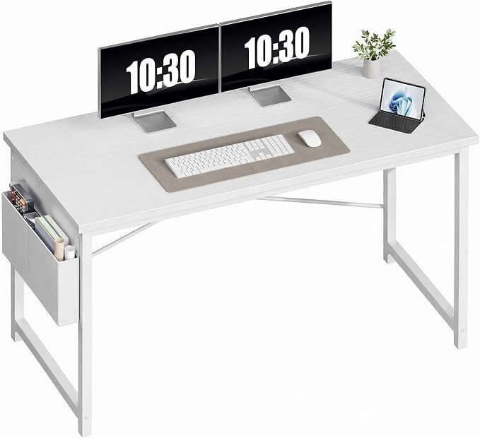 OLIXIS Computer Desk, 55 Inch Gaming Desks for Home Office Small Spaces | Writing Study Craft Work Table, Computer Workstation for Bedroom with Storage Bag, All White