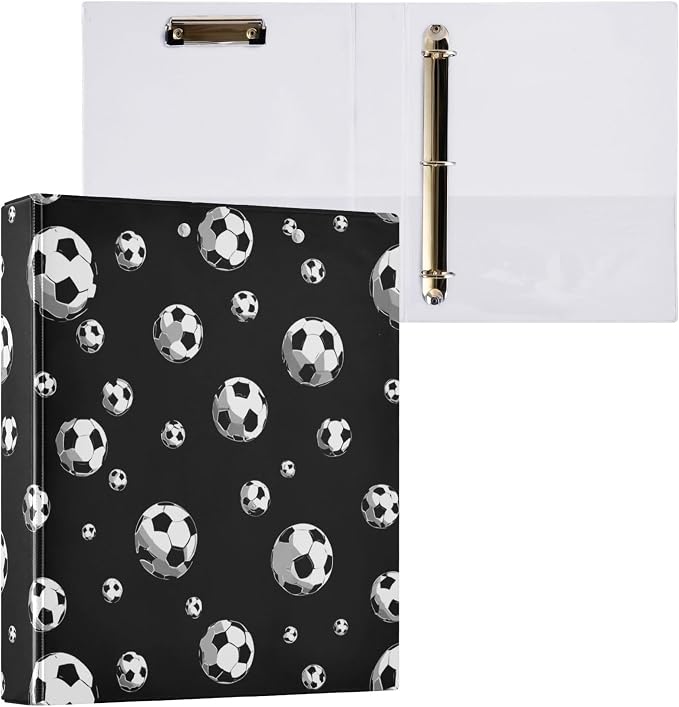 Football Black Round Ring Binders 1.5 Inch Soccer Sports Balls 3 Ring Clipboard Binder for Office School Work Supplies File Folder 200 Sheet Capacity