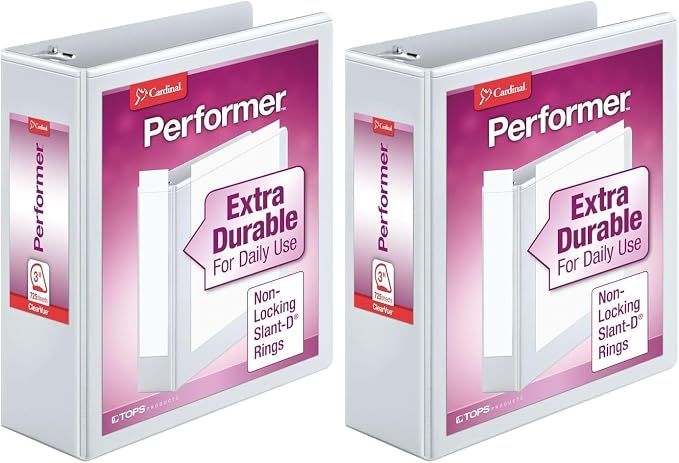 Cardinal Performer 3-Ring Binder, 3", Non-Locking Slant-D Rings, 725-Sheet Capacity, ClearVue Presentation Binder, Nonstick, PVC-Free, White (17600CB) (Pack of 2)
