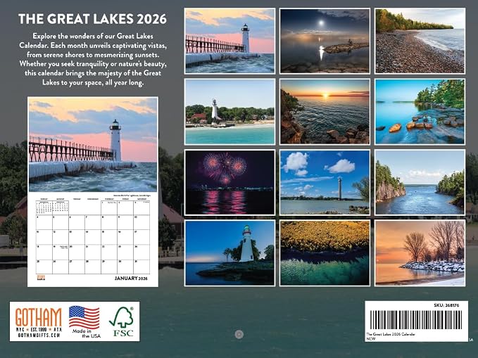 Great Lakes of Michigan Calendar 2026 Wall 12 Month Monthly MI Scenic Souvenirs Michigander Themed Gifts | American Made In The USA