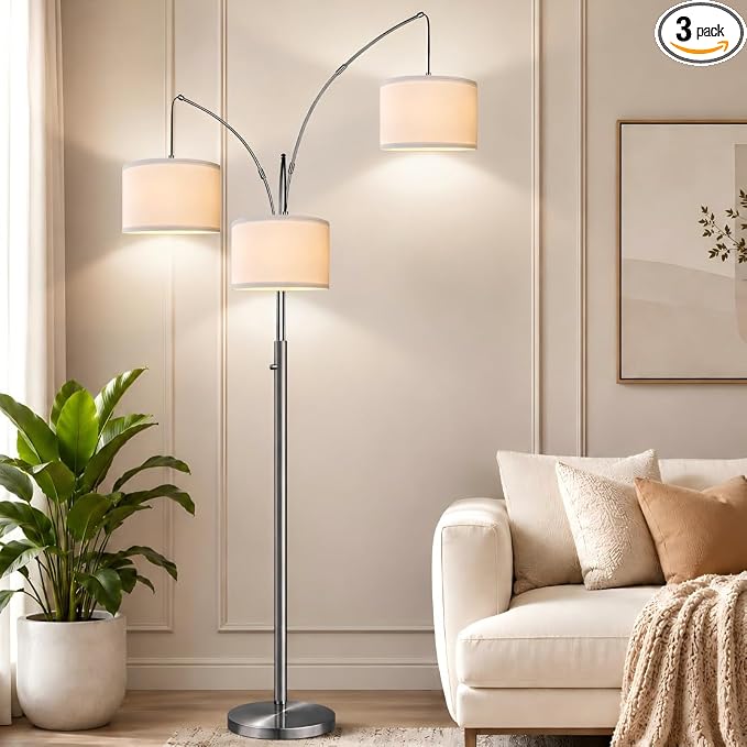 Nintiue Dimmable Floor Lamp - 3 Lights Brushed Nickel Arc Floor Lamps for Living Room,1000LM Modern Tall Standing Lamp with White Shades,Mid Century Tree Floor Lamp for Bedroom,3 LED Bulbs Included