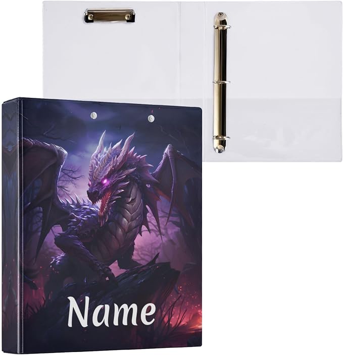 Custom 3 Ring Binder Dragon Purple 1.5" Round Ring Binders Personalized Name View Binder with 200 Sheet for Kids School Supplies Women Men Office, 1 Pack