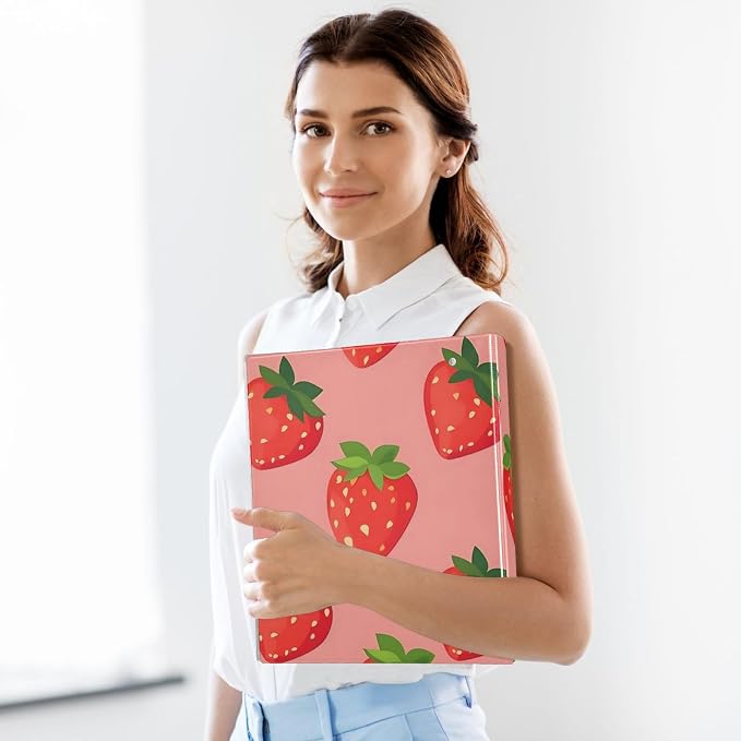 3 Ring Binder Strawberry Berry Red Fruit 1.5 inch Binders Three Ring Binders with Clipboard Fit 8.5'' x 11'' Paper 3 Interior PVC Clear Pockets for Office Supplies