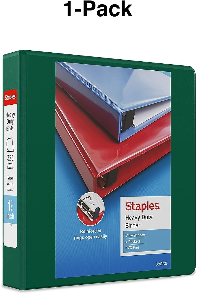 Staples Heavy-Duty 1.5-Inch 3-Ring View Binder, Dark Green, 4 Pockets | D-rings for durable everyday school and office document organization.
