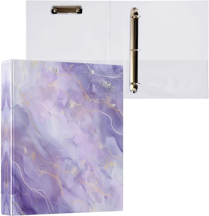 Purple Marble Texture 3-Ring Binder 1.5 Inch 1 Pack Round Ring Binder Holds 200 Sheets with 3 Inside Pockets for Office Home Organization
