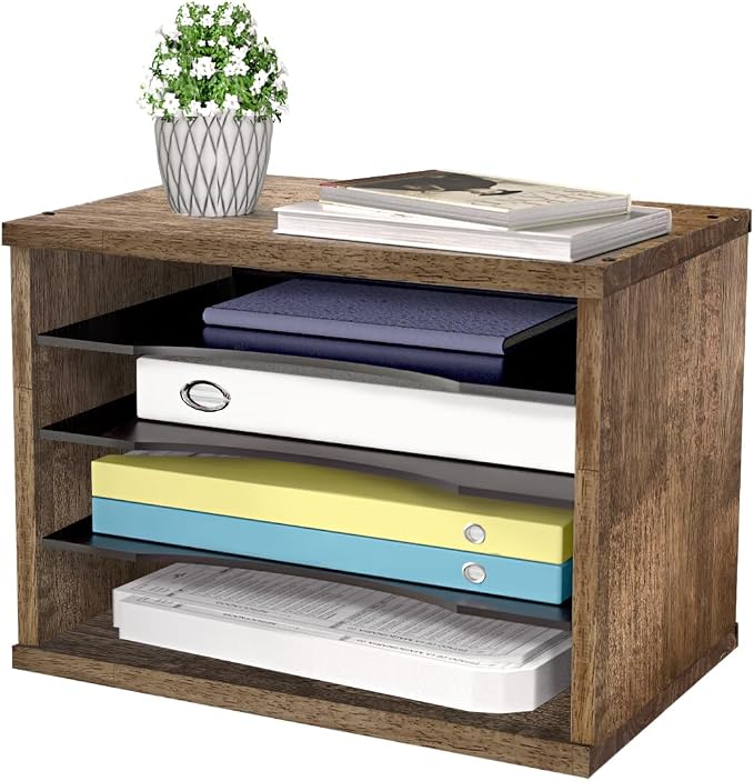 J JACKCUBE DESIGN Rustic Wood Desk Organizer 4 Compartment Paper File Holder for Home and Office, Document Storage, File sorter, Mail and Letter Tray- MK560A