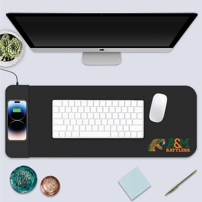 Florida A&M University Classic Wireless Charging Cloth Desk Mat, Durable Office Supplies, Non-Slip Base, Quick Charging Wireless Desk Pad, Black