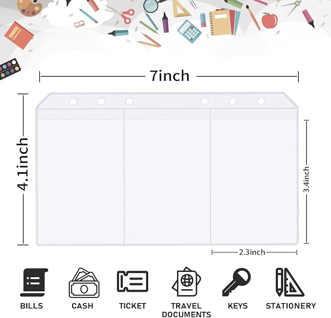 30pcs Trisection A6 Binder Pocket no Zipper Clear Budget Planner Inserts Bulk Binder Organizer Cash Envelopes for Budgeting Waterproof PVC Loose Leaf Bags Card Sleeves for 6 Ring Notebook