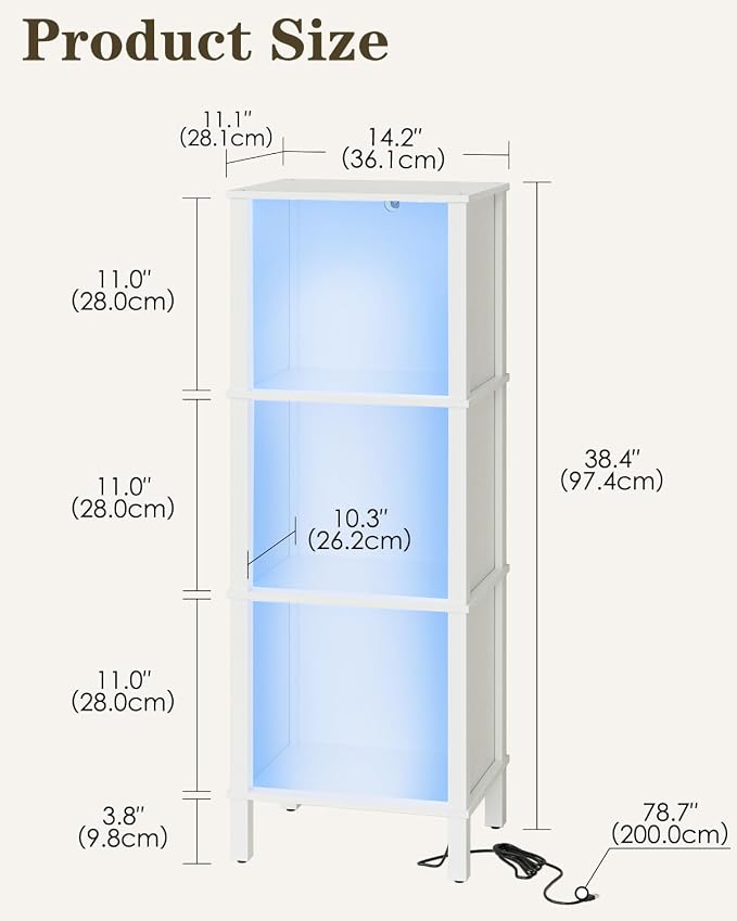 Bookshelf with LED Lights, Modern 3-Tier Bookcase, Open Storage Book Shelf, 11 × 14.2 × 38.9 Inches, Small Narrow Bookshelves for Living Room, Home Office, Bedroom, White