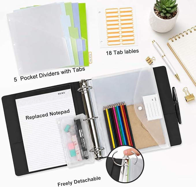 3 Ring Binder with Clipboard,2 Inch Binders with Notepad&5 Dividers with Pockets, Labels,PU Clipboards for School Office(Black,Letter Size)