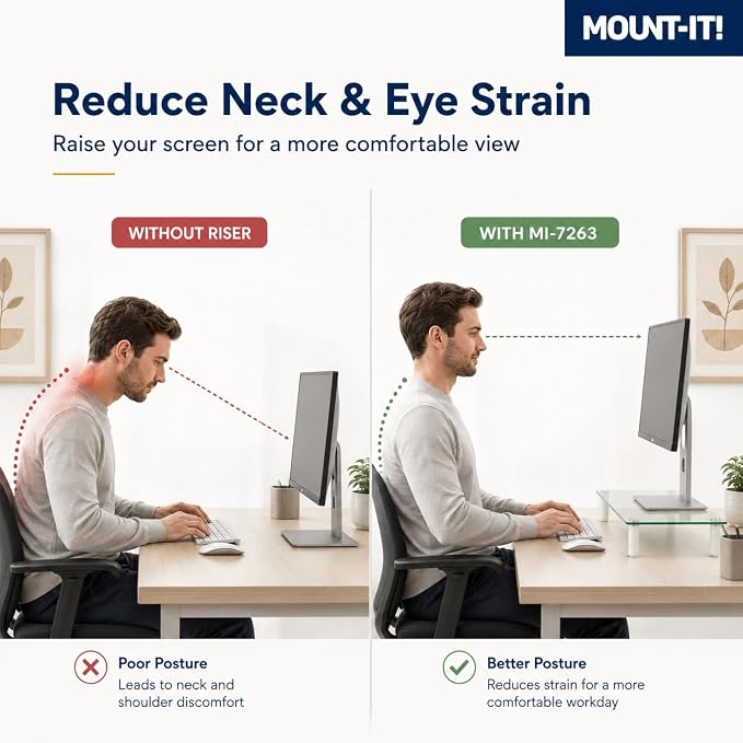 Mount-It! Glass Desktop Monitor Stand Riser, 22", 44 lbs | Raised laptop stand and organizer, clear tempered glass, supports computer screens and office desk supplies.