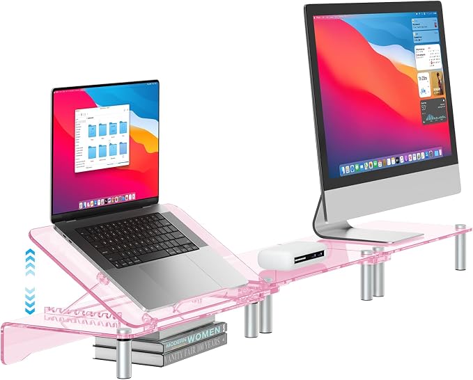 Pink Acrylic Dual Monitor Stand Riser,Laptop Riser Adjustable to 8 Angles | Double Computer monitor riser for desk for 2 Monitors,Desktop organizer Stand for Laptop,PC,Printer,TV，Cute Desk Accessories