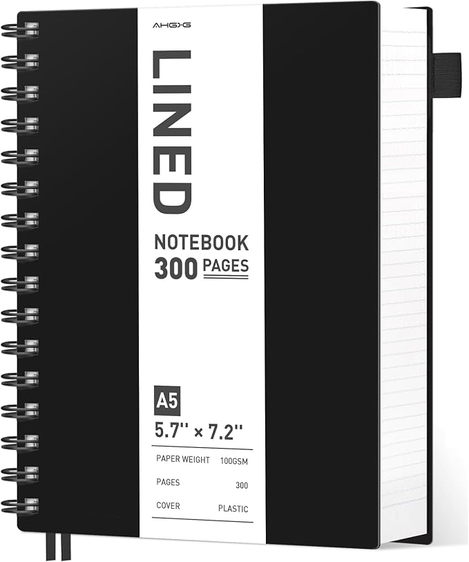AHGXG Spiral Notebook College Ruled - Spiral Journal A5 Smal Notebooks for Work, 100GSM Thick Paper, Plastic Hardcover, for Office School Writing Notes,5.7" x 8.3", Black