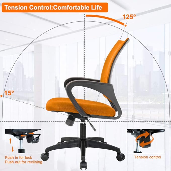 BestOffice | Ergonomic Office Chair | Mid-Back Swivel Desk Chair | Breathable Backrest & Lumbar Support | Adjustable Height | Sponge Seat | Rolling Wheels | Orange | for Adults & Women | Pack of 2
