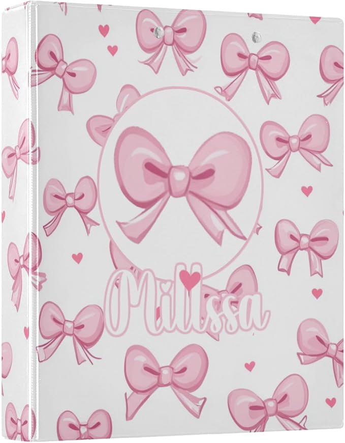 Pink Bows 2 3 Ring Binder with Clipboard Round Ring Binders Name Custom Binder 3 Interior Clear Pockets for Office Supplies 1 Pack