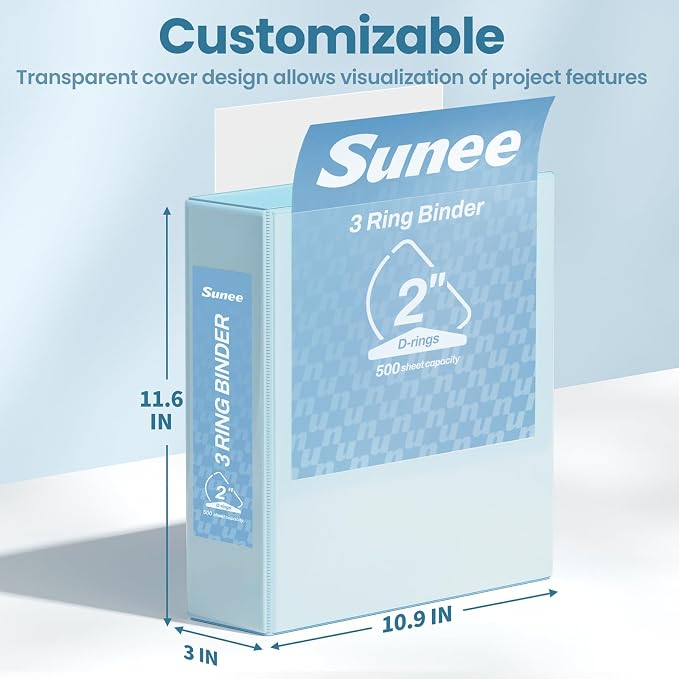 SUNEE 3 Ring Binder 2 Inch, Clear View Binder Three Ring PVC-Free (Fit 8.5x11 Inches) for School or Office Supplies, Pastel Blue, 1 Pack