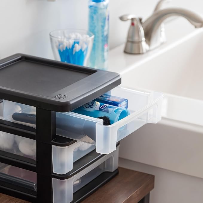 IRIS USA 4-Pack, 3-Drawer Small Plastic Stacking Desktop Organizer, Black | Organize office supplies, stationery, makeup, craft materials and everyday essentials for neat desktop storage