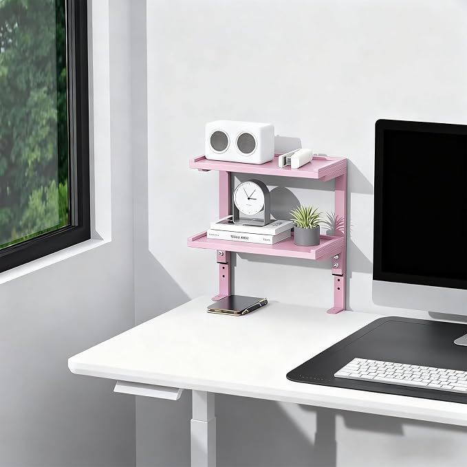 Spacrea Clamp on Desk Shelf, 2 Tier Office Desk Shelves Organizer, Wood Desktop Supplies Storage Rack, Desk Organizers and Accessories (Pink)