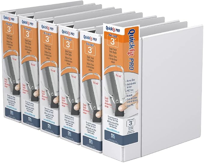 QuickFit PRO Heavy Duty Single Touch View Binder, D Ring, White, 6 Pack, 3 Inch