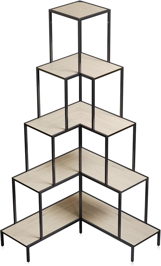 BELLEZE 5-Tier Corner Bookshelf with RGB Light, Remote Control Multiple Lighting Modes and Colors, 66" Tall L-Shaped Bookcase, Storage & Display Rack for Living Room, Courtyard and Home Office -Nature