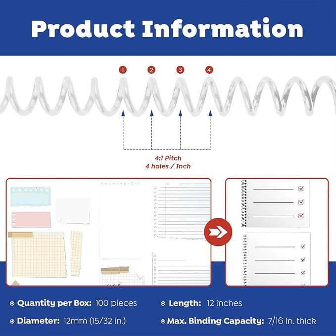 12mm (15/32 in.) Spiral Binding Coils for Reports, Presentations and Proposals | 4:1 Pitch | 12 in. Length | Clear | 92 Sheets Binding Capacity | 100 Pack