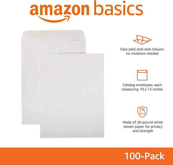 Amazon Basics Catalog Mailing Envelopes, Peel and Seal, 10 x 13 Inch, White, 100-Pack