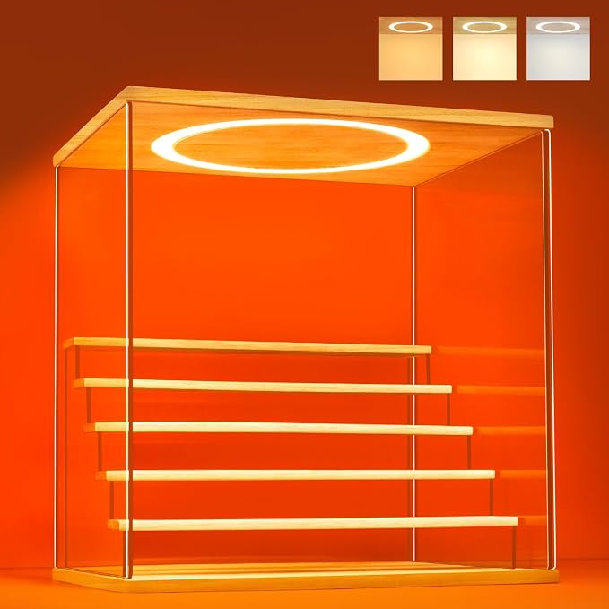 Acrylic Display Case with Adjustable LED Light, 6 Tier Clear Display Box Dustproof Showcase for Action Figures, Collectibles and Mini Toys, Assembly Display Cabinet(Wood 15.5*12.5*16.7in)