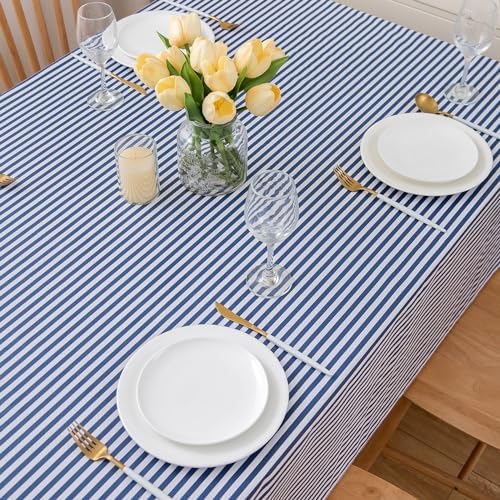 LIBERECOO 60" Square Vinyl Tablecloth with Flannel Backing, Blue Stripe Stain-Resistant Tablecloths Waterproof Oil-Proof Wipeable Table Cover for Indoor/Outdoor Picnic, BBQ