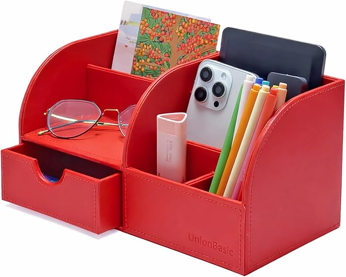 UnionBasic Desk Organizer - Multifunctional Leather Desktop Pen Holder Storage Box - Business Card/Pen/Pencil/Mobile Phone/Stationery Holder, Red