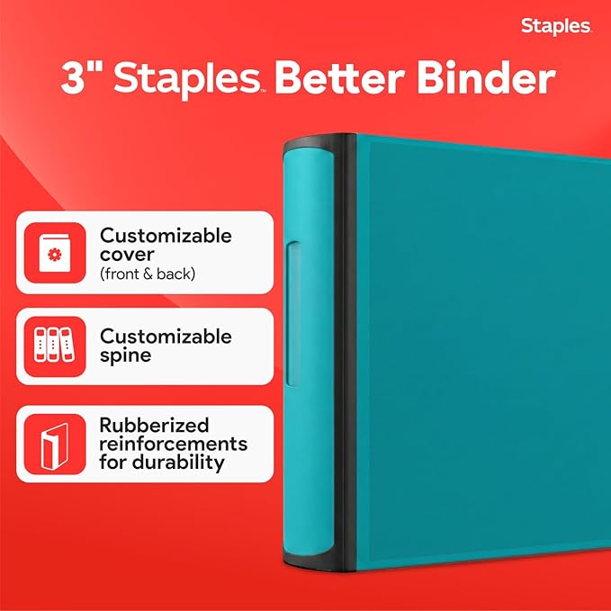 Staples Heavy-Duty 3-Inch D-Ring Binder, Teal, Holds 600 Sheets | Large-capacity 3-ring binder with interior pockets for document storage.