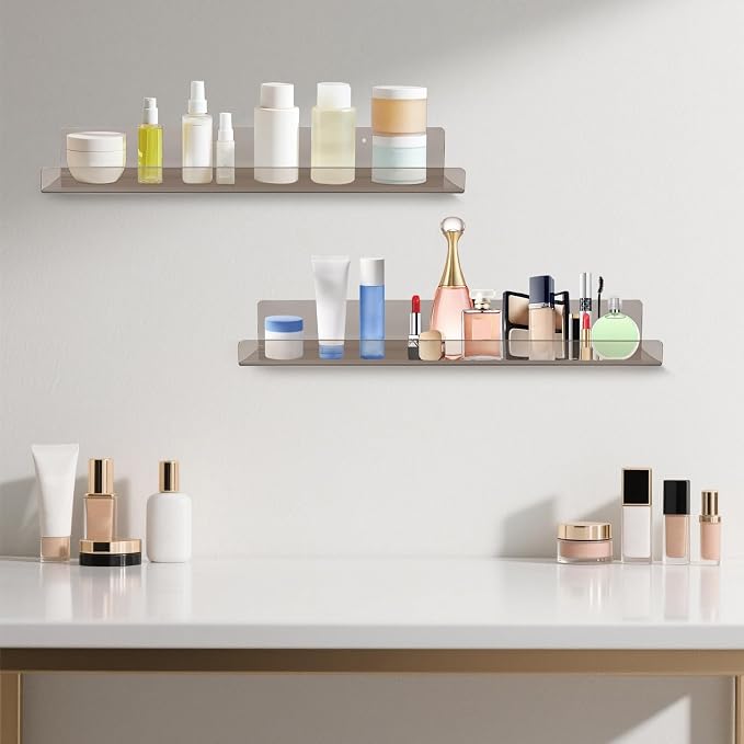 Dezzer 4 Pack Acrylic Shelves for Wall, 15" Acrylic Floating Shelves for Bathroom Bedroom, Invisible Bookshelf Wall Ledge Storage Shelf Books Perfume Toys Action Figure Display Shelves, Clear Gray