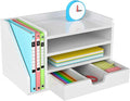 Multi-Tier Wood Desk File Organizer with Side File Rack, 3 Tray Shelves & Adjustable Drawer - Space-Efficient Design Easy to Assemble for Efficient Office Setup, Reduces Desk Clutter (White)