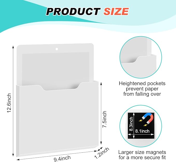 Feifeiya 2 Pcs Magnetic File Folder Wall Hanging Holder Large Pocket Paper Magazine Mail Organizer for Refrigerator Classroom Locker Whiteboard(Vertical,Black White,12.2 x 9.4 Inches)