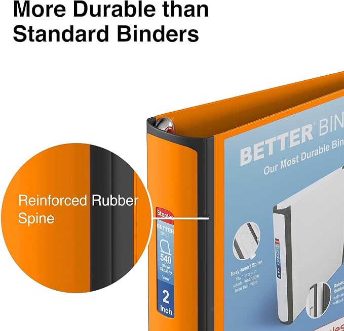 Staples Better Binder, 2 Inch D-Ring, Bright Orange, Reinforced Spine | High-capacity 3-ring binder for durable school and office document storage.