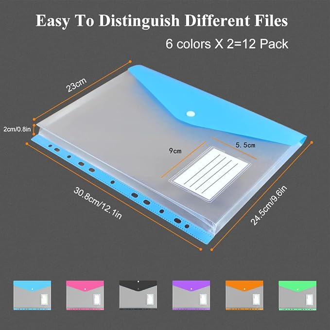 12 Pack Plastic Envelopes Binder Pocket 11 Holes Expandable Binder Folders for 2/3/4 Ring Document Pouch with Snap Button & Label Loose-Leaf Transparent for School Home Office (Side-Opening)