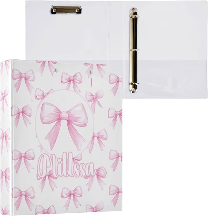 Pink Bows 3 Ring Binder with Clipboard Round Ring Binders White Color Personalized Binder 3 Interior Clear Pockets for Office Supplies 2 Pack