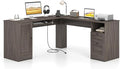 Giantex 66" L-Shaped Desk with Storage Drawers & Charging Station, Spacious Corner Computer Desk with Keyboard Tray, Adjustable Shelf, Cabinet, Huge Workspace Home Office Study Writing Desk (Grey Oak)