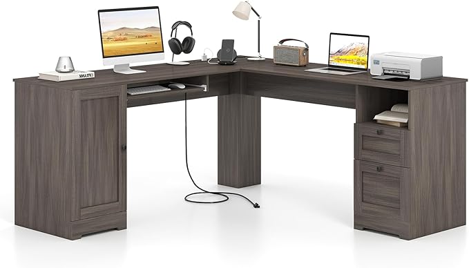 Giantex 66" L-Shaped Desk with Storage Drawers & Charging Station, Spacious Corner Computer Desk with Keyboard Tray, Adjustable Shelf, Cabinet, Huge Workspace Home Office Study Writing Desk (Grey Oak)
