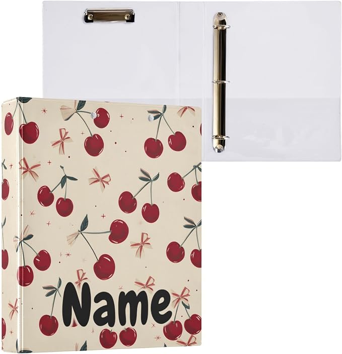 Custom 3 Ring Binder Retro Bow Cherry 1.5" Round Ring Binders Personalized Name View Binder with 200 Sheet for Kids School Supplies Women Men Office, 1 Pack