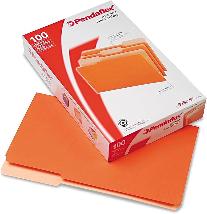 Pendaflex 435013ORA Interior File Folders, 1/3 Cut Top Tab, Legal, Orange (Box of 100)