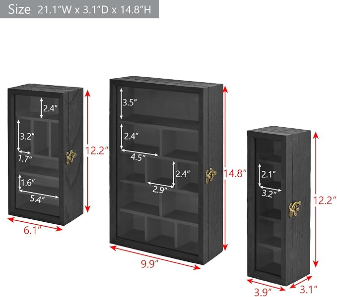 Ikee Design 3-Pc Wall-Mounted Wooden Cubby Display Shelf, | 3-PIECE SHADOW BOX SET: wall shelves with doors and 24 compartments for collectibles and mini figures.